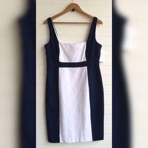 Lauren Ralph Lauren Navy White Colorblock Event Dress Cotton Petite Sleeveless
